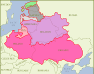 Outline of the Polish–Lithuanian Commonwealth with its major subdivisions after the 1618 Peace of Deulino, superimposed on present-day national borders.